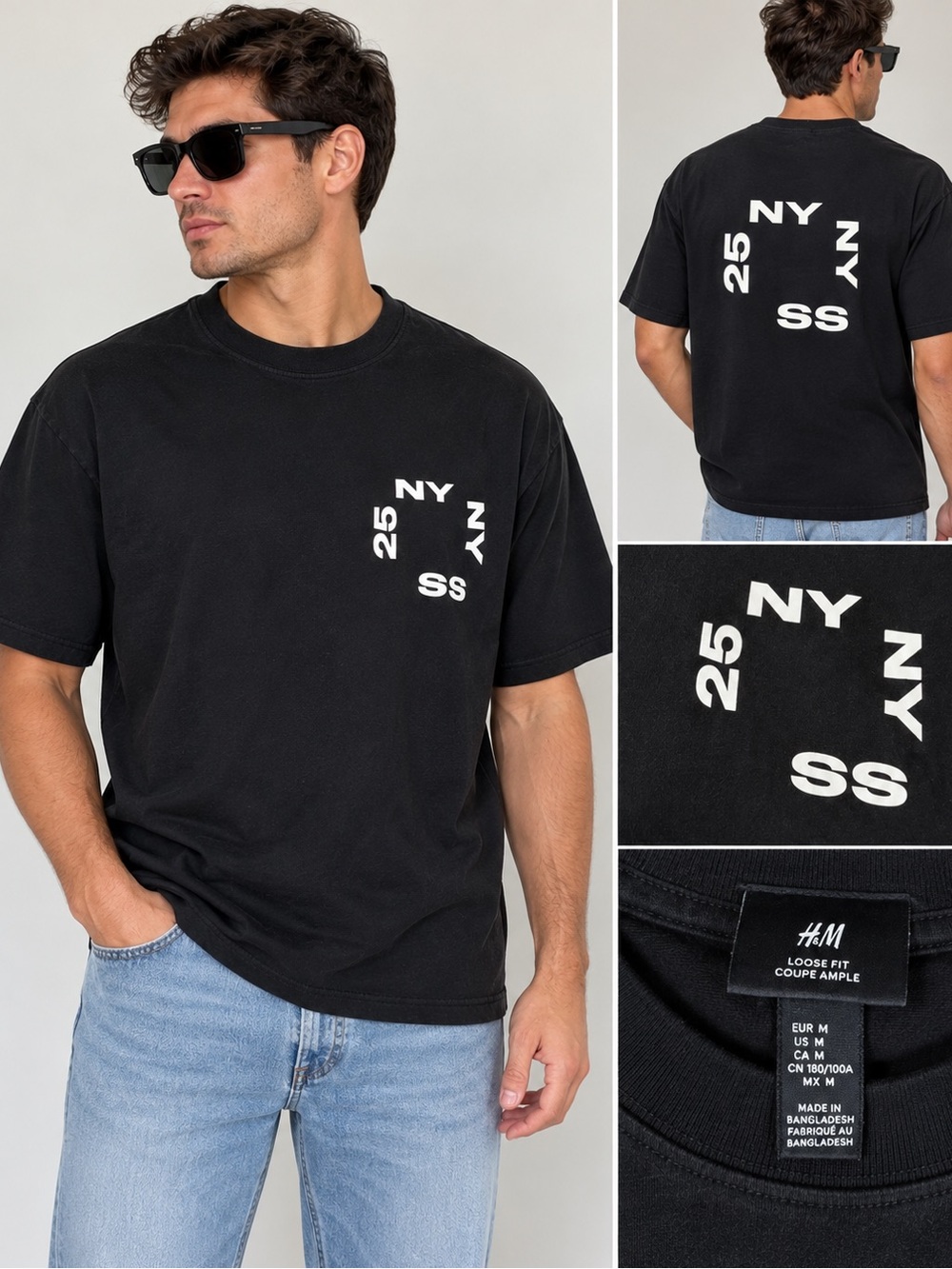 H&M Black Short Sleeve Tee with White 'NY 25 SS' Print